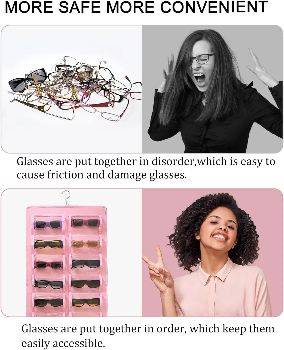 Hanging Sunglasses Organizer, Dust Proof Eyeglasses Holder with 32 Clear Slots, Sunglasses Organizer Storage Wall Mounted, Sunglasses Display With 360-Degree Rotating Hook (Pink)