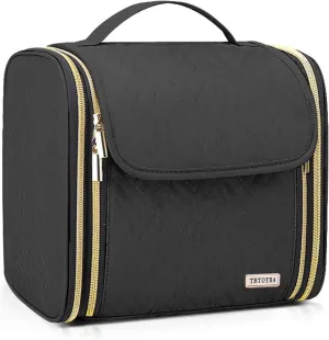 Hanging Toiletry Bag & Makeup Bag for Women with Jewelry Organizer - TSA Approved Large Capacity Travel Cosmetic Organizer, Waterproof Shower Essentials Case with Transparent Pockets, Black