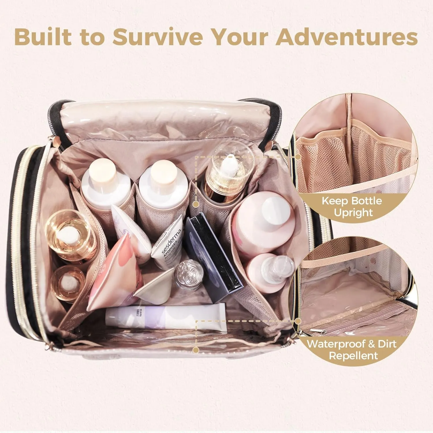 Hanging Toiletry Bag & Makeup Bag for Women with Jewelry Organizer - TSA Approved Large Capacity Travel Cosmetic Organizer, Waterproof Shower Essentials Case with Transparent Pockets, Black