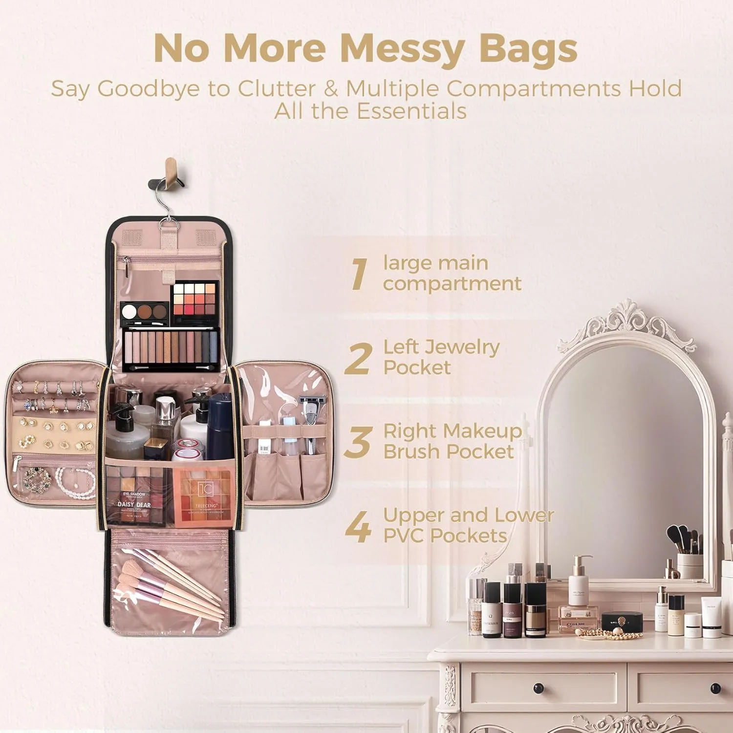 Hanging Toiletry Bag & Makeup Bag for Women with Jewelry Organizer - TSA Approved Large Capacity Travel Cosmetic Organizer, Waterproof Shower Essentials Case with Transparent Pockets, Black
