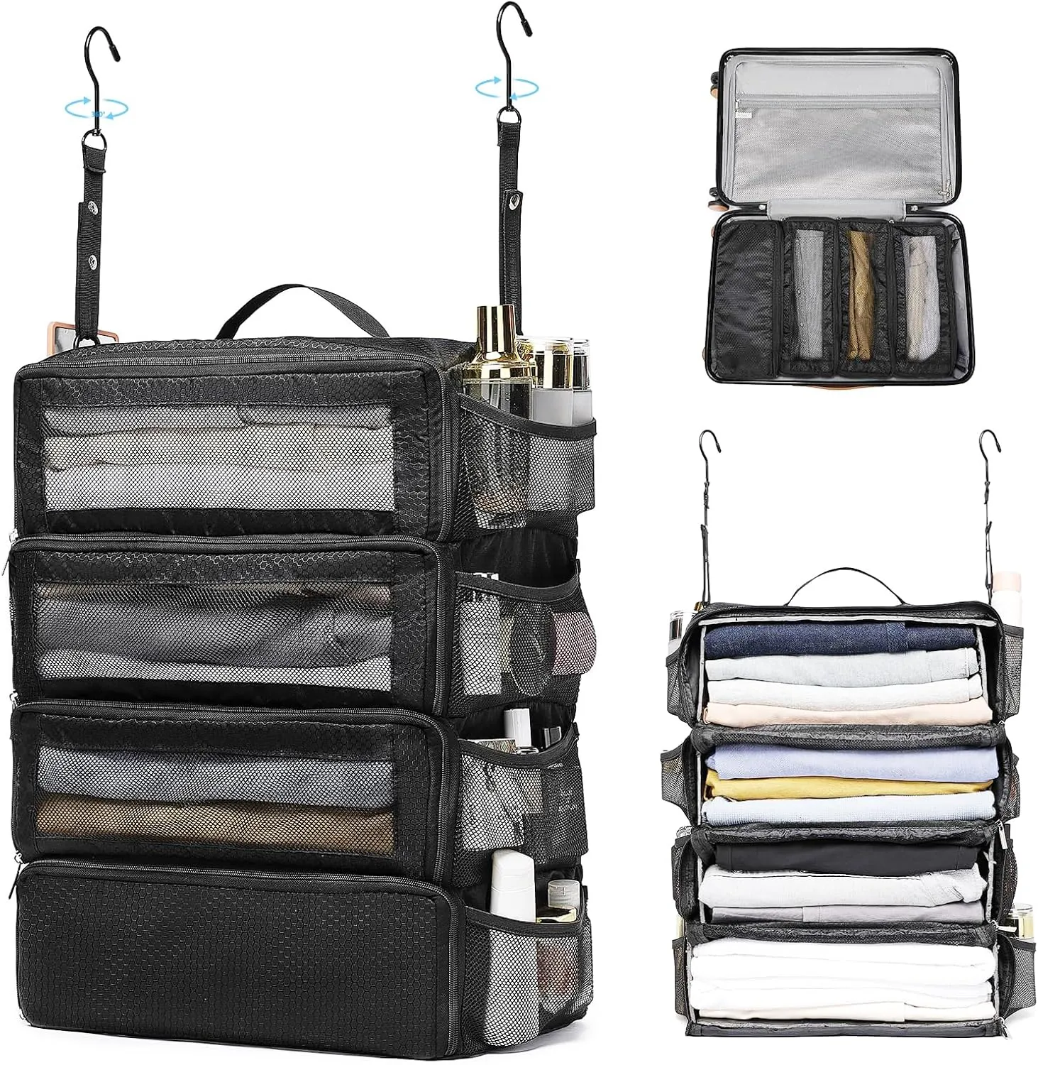 Hanging Travel Organizer, Carry-on Luggage Suitcase Organizer, Travel Essentials Portable Travel Shelves Packing Cube, Black