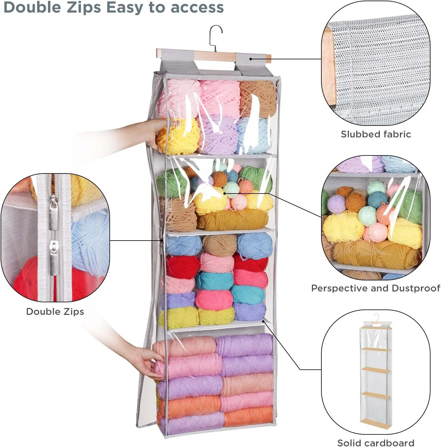 Hanging Yarn Storage with 4 Large Pockets, Clear Knitting Organizer Storage with Zippers for Crochet Lovers, Hanging Yarn Holder with Over-Door Hooks for Knitting Needles Crochet Hooks