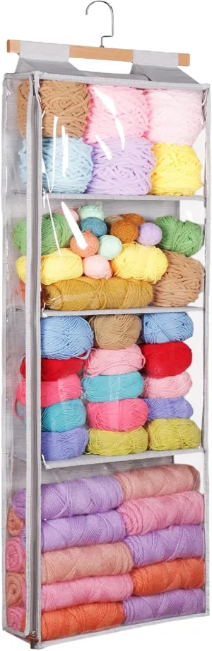 Hanging Yarn Storage with 4 Large Pockets, Clear Knitting Organizer Storage with Zippers for Crochet Lovers, Hanging Yarn Holder with Over-Door Hooks for Knitting Needles Crochet Hooks