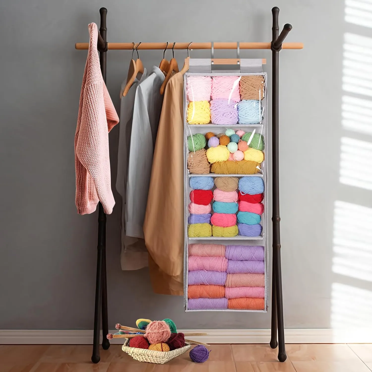 Hanging Yarn Storage with 4 Large Pockets, Clear Knitting Organizer Storage with Zippers for Crochet Lovers, Hanging Yarn Holder with Over-Door Hooks for Knitting Needles Crochet Hooks