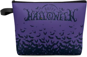 Happy Halloween Bats Groups Cosmetic Bags for Women, Pumpkin Carving Purple Small Makeup Bag for Purse, Waterproof Travel Toiletry Bag Accessories Organizer, 1PCS