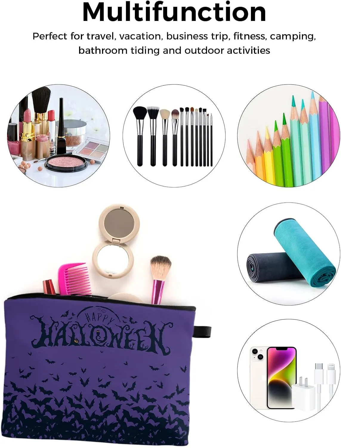 Happy Halloween Bats Groups Cosmetic Bags for Women, Pumpkin Carving Purple Small Makeup Bag for Purse, Waterproof Travel Toiletry Bag Accessories Organizer, 1PCS
