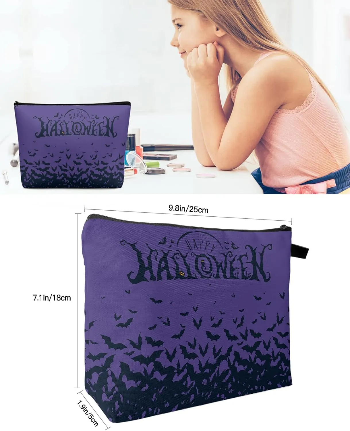 Happy Halloween Bats Groups Cosmetic Bags for Women, Pumpkin Carving Purple Small Makeup Bag for Purse, Waterproof Travel Toiletry Bag Accessories Organizer, 1PCS