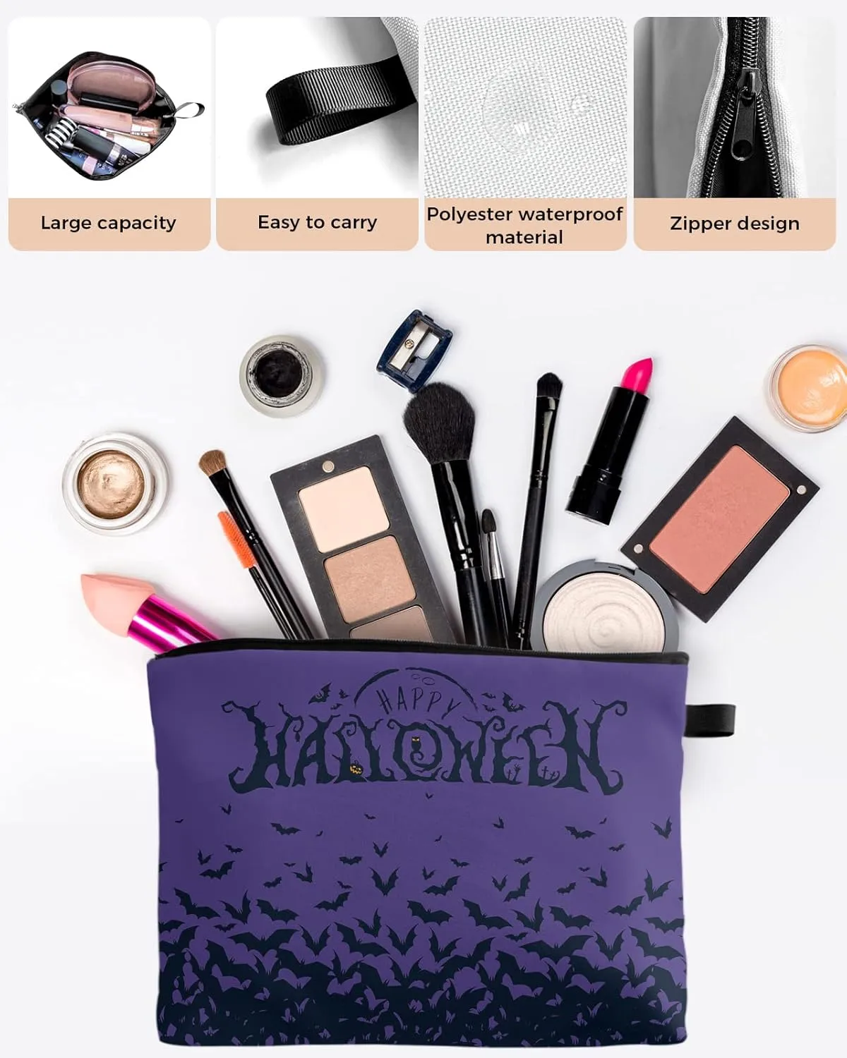 Happy Halloween Bats Groups Cosmetic Bags for Women, Pumpkin Carving Purple Small Makeup Bag for Purse, Waterproof Travel Toiletry Bag Accessories Organizer, 1PCS