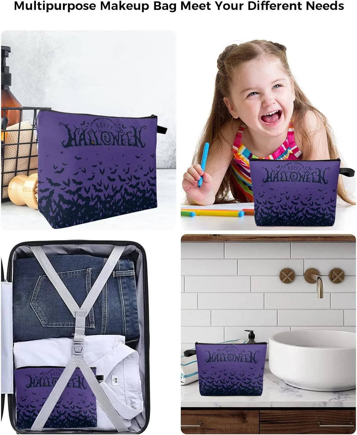 Happy Halloween Bats Groups Cosmetic Bags for Women, Pumpkin Carving Purple Small Makeup Bag for Purse, Waterproof Travel Toiletry Bag Accessories Organizer, 1PCS