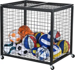Happybuy Rolling Sports Ball Storage Cart - Lockable with Double Lids, Organizer for Indoor & Outdoor, Steel Rack for Garages, Schools, Gyms