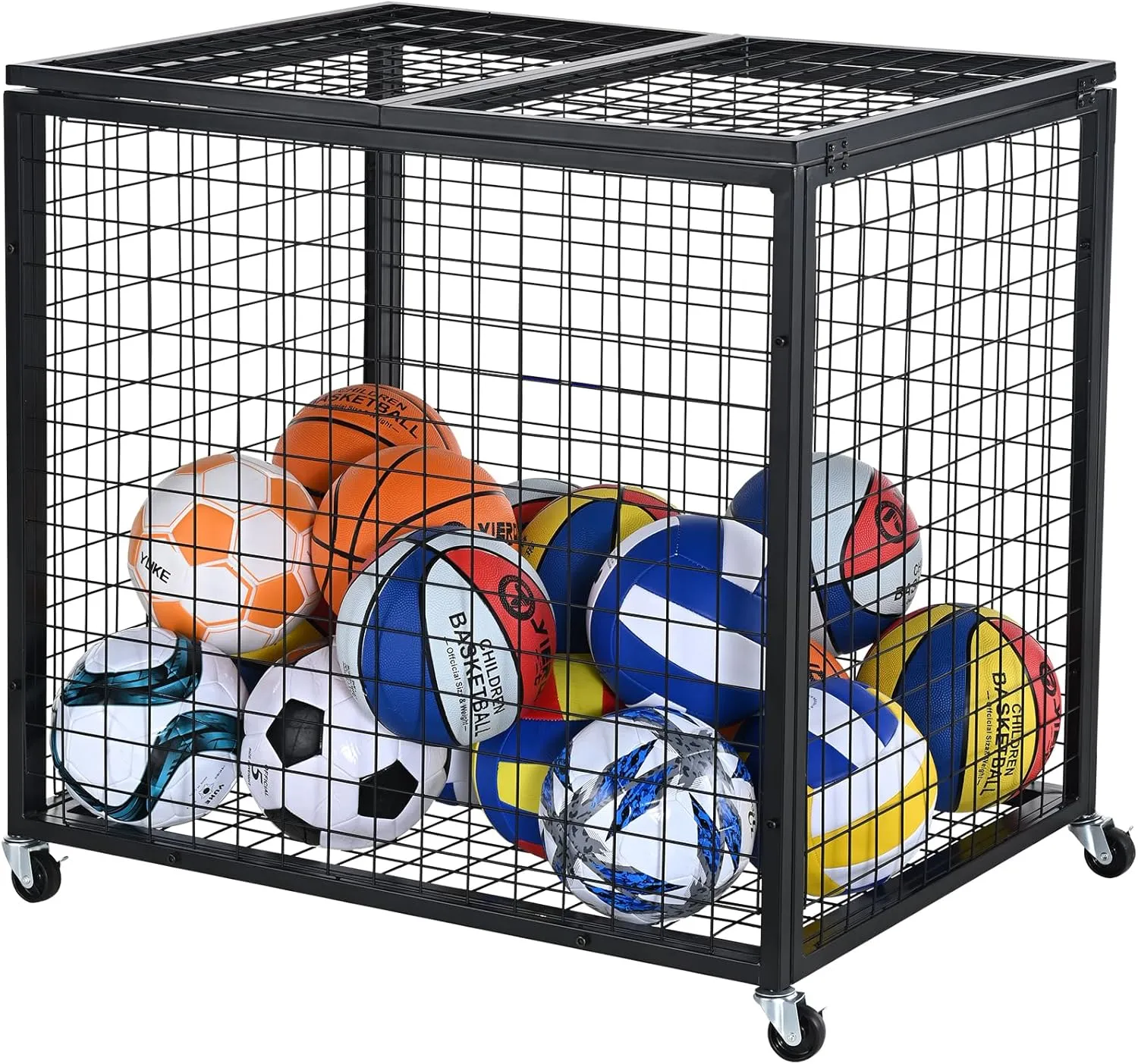 Happybuy Rolling Sports Ball Storage Cart - Lockable with Double Lids, Organizer for Indoor & Outdoor, Steel Rack for Garages, Schools, Gyms