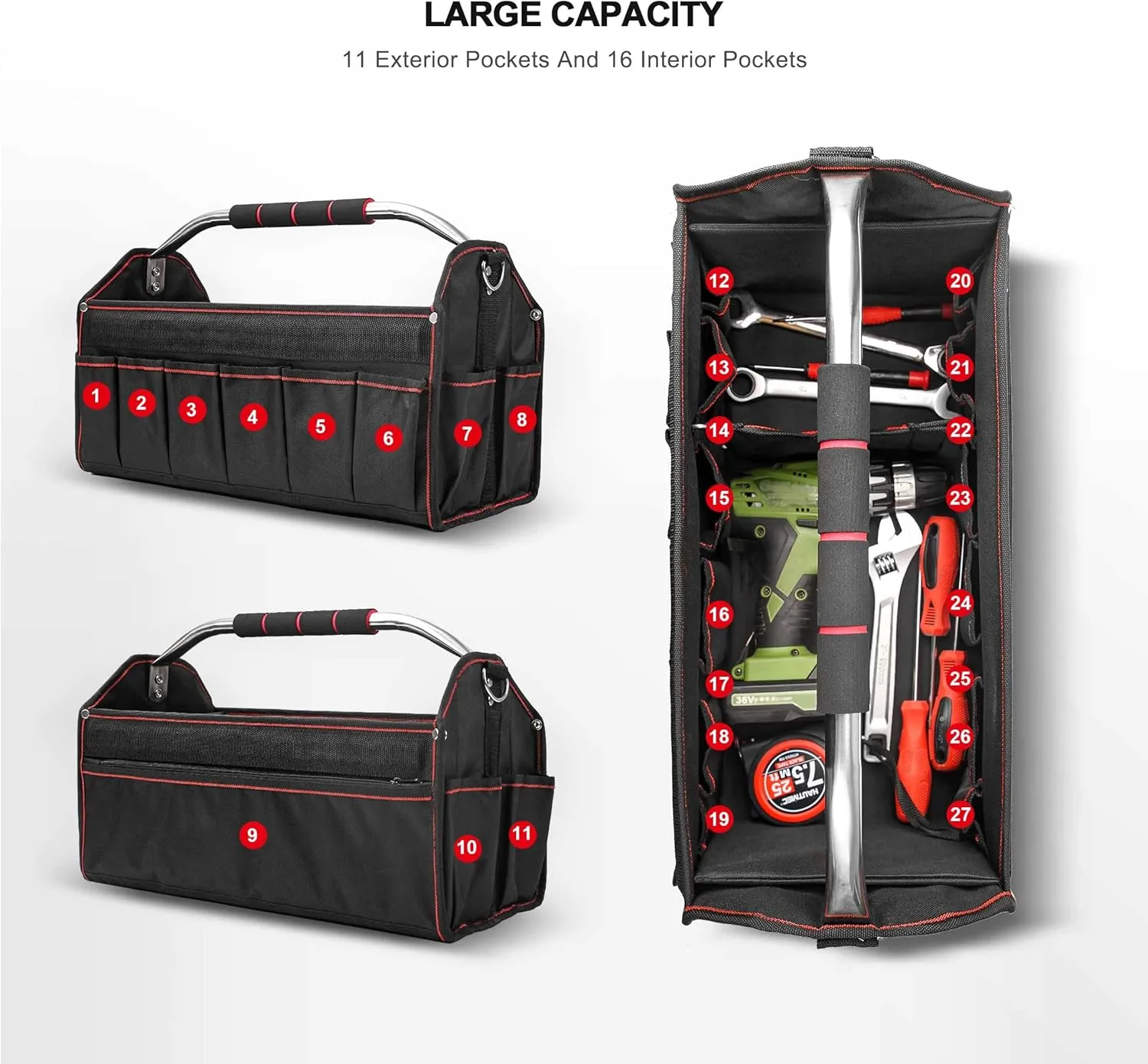 HAUTMEC 18 Inch Tool Bag, Foldable Tool Tote, Portable Open Top Tool Bag, Pro Electrician Tool Bag with Adjustable Shoulder Strap and 27-Pockets，600D Water-Resistant and Wear-Resistant, HT0020-TB