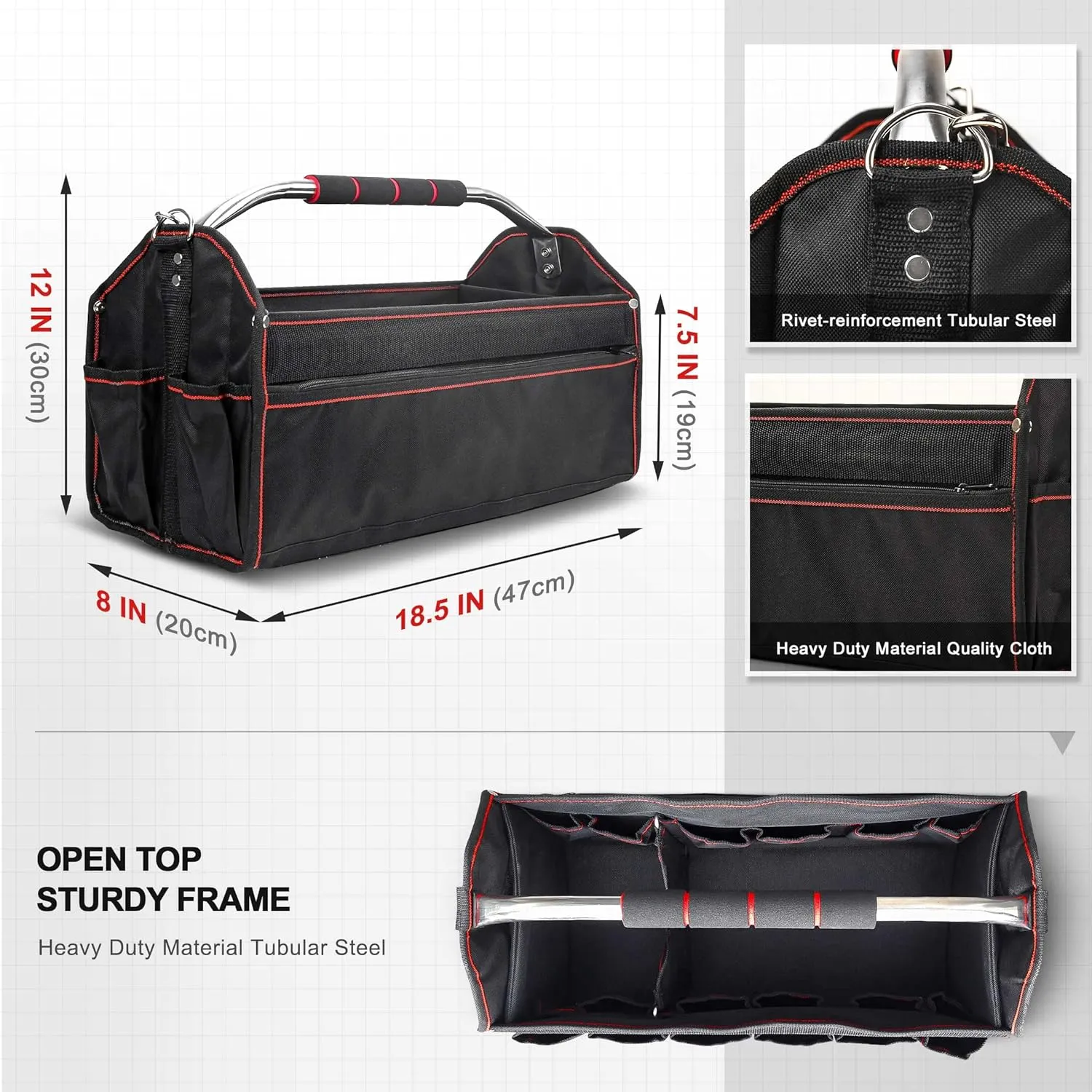 HAUTMEC 18 Inch Tool Bag, Foldable Tool Tote, Portable Open Top Tool Bag, Pro Electrician Tool Bag with Adjustable Shoulder Strap and 27-Pockets，600D Water-Resistant and Wear-Resistant, HT0020-TB