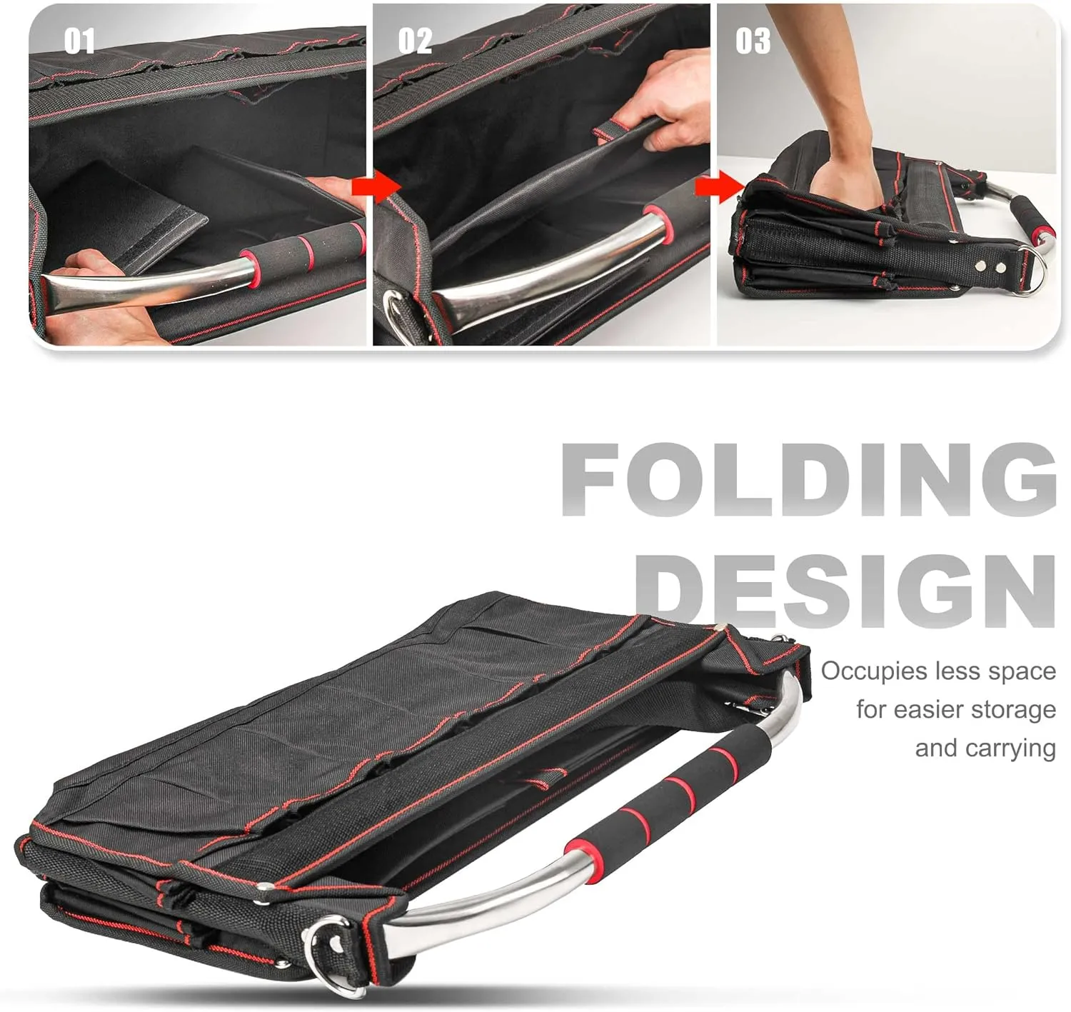 HAUTMEC 18 Inch Tool Bag, Foldable Tool Tote, Portable Open Top Tool Bag, Pro Electrician Tool Bag with Adjustable Shoulder Strap and 27-Pockets，600D Water-Resistant and Wear-Resistant, HT0020-TB