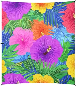 Hawaiian Stylropical Flowers Palm Leaves Bright Neon Colors Foldable Beach Tent UPF50  Easy Setup Shade Sun Shelter with Carrying Bag for Family Trips, Picnics & Camping