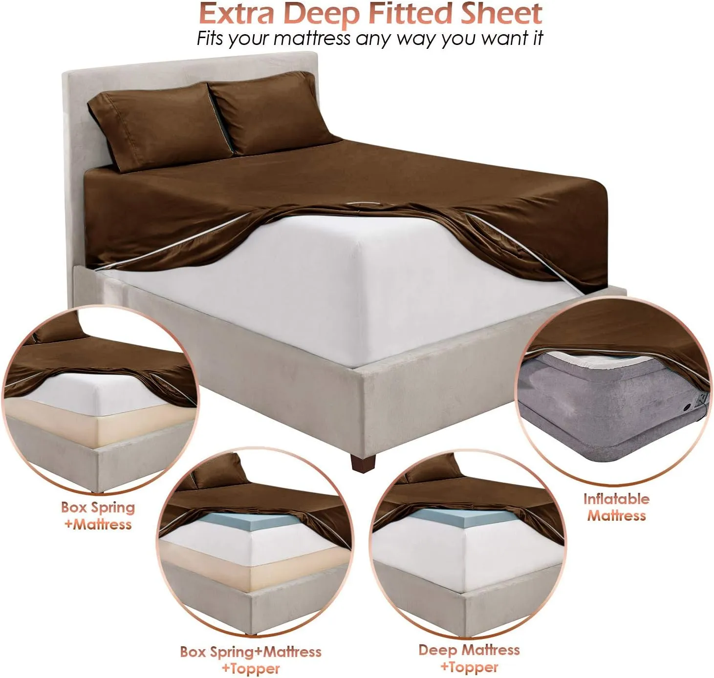 Hearth & Harbor Extra Deep Pocket King Size Sets - Fits Mattress 18-24 Inches Deep - Extra Deep Pocket Sheets - 6 Piece King Size - King - Brown Sheets