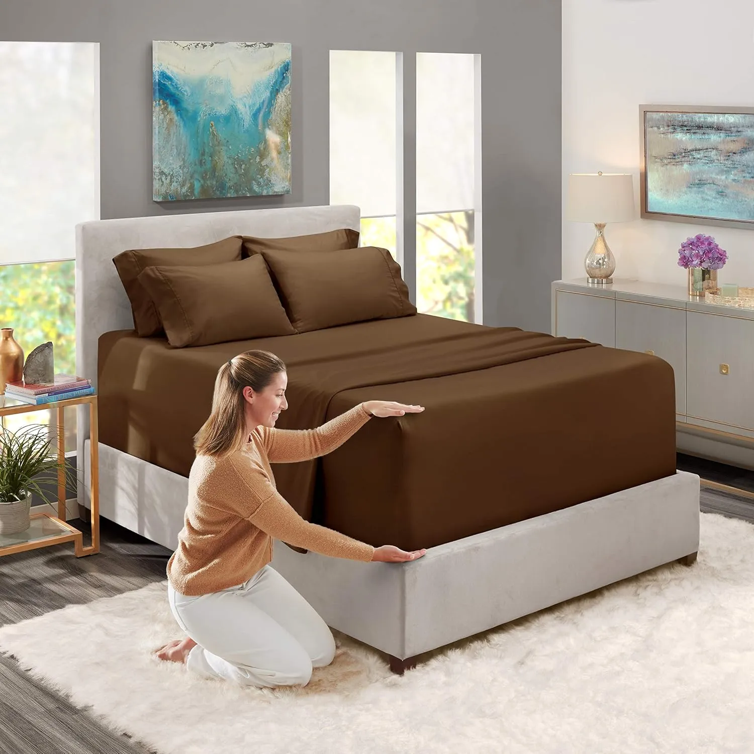 Hearth & Harbor Extra Deep Pocket King Size Sets - Fits Mattress 18-24 Inches Deep - Extra Deep Pocket Sheets - 6 Piece King Size - King - Brown Sheets