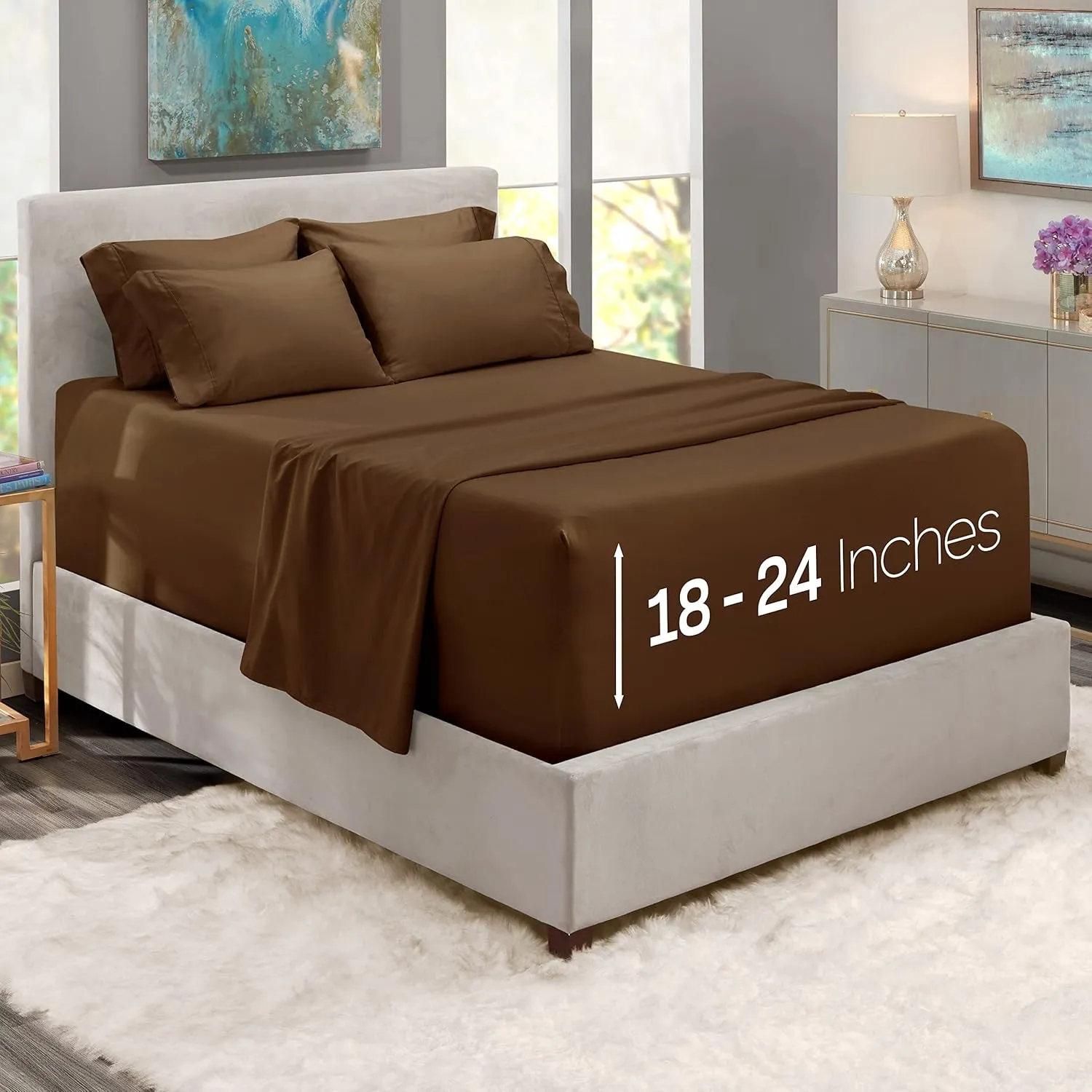 Hearth & Harbor Extra Deep Pocket King Size Sets - Fits Mattress 18-24 Inches Deep - Extra Deep Pocket Sheets - 6 Piece King Size - King - Brown Sheets