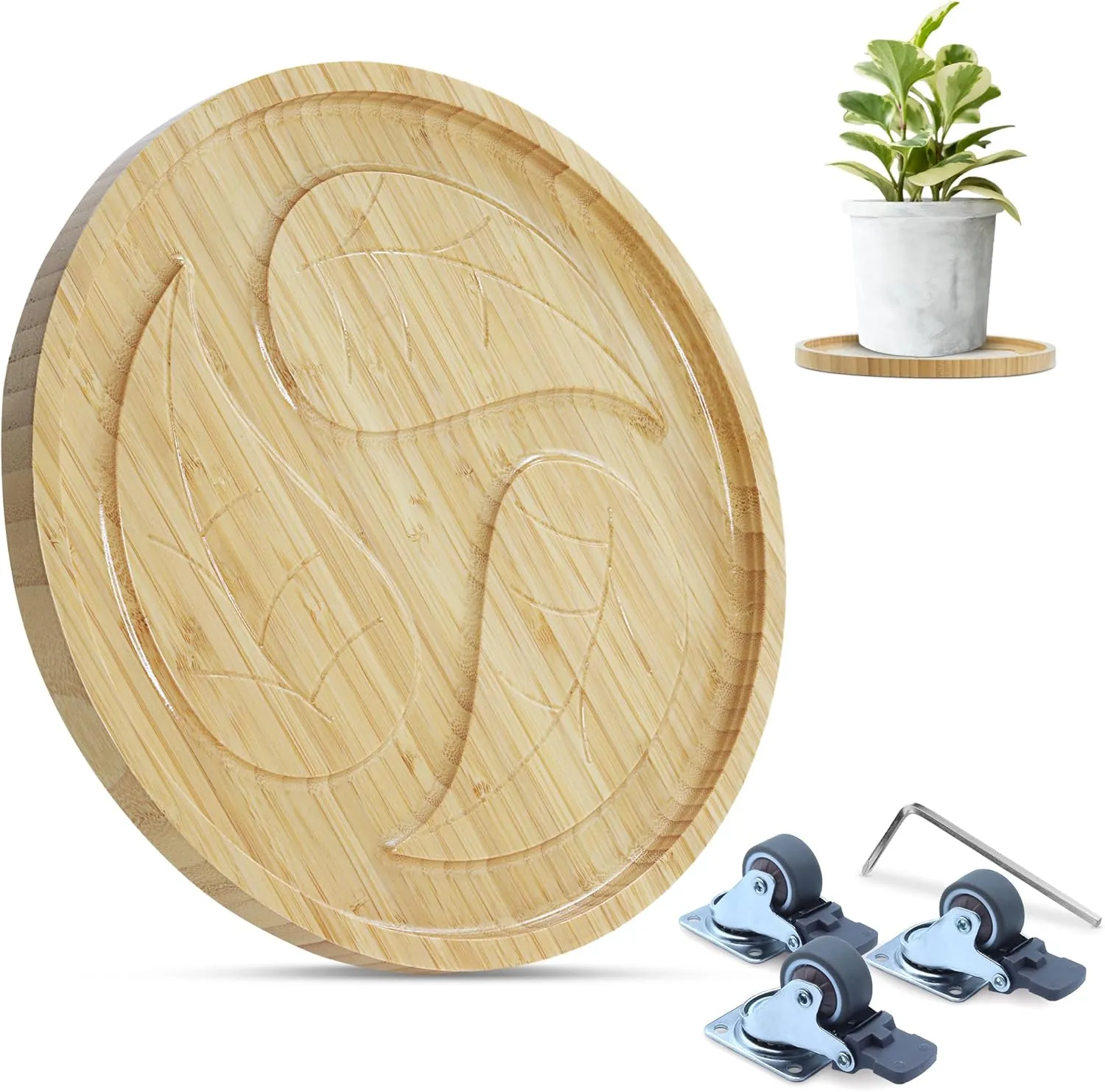 Hearth & Hunter Bamboo Rolling Plant Caddy for Plants - Plant Caddy with Wheels - Water Resistant, Raised Design 12” Indoor & Outdoor Plant Saucer with Wheels
