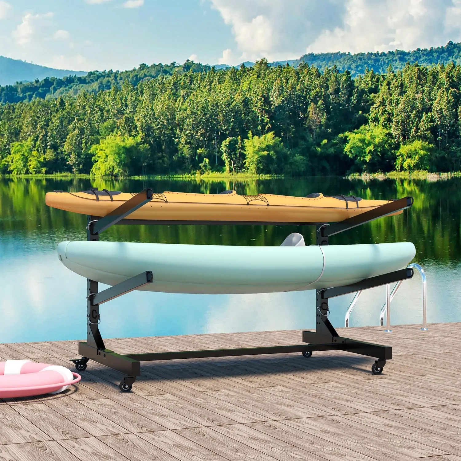 Heavy Duty Freestanding Kayak Storage Rack, Adjustable Metal Stand for Kayaks, Canoes, SUPs & Surfboards with Lockable Wheels, Indoor & Outdoor Use