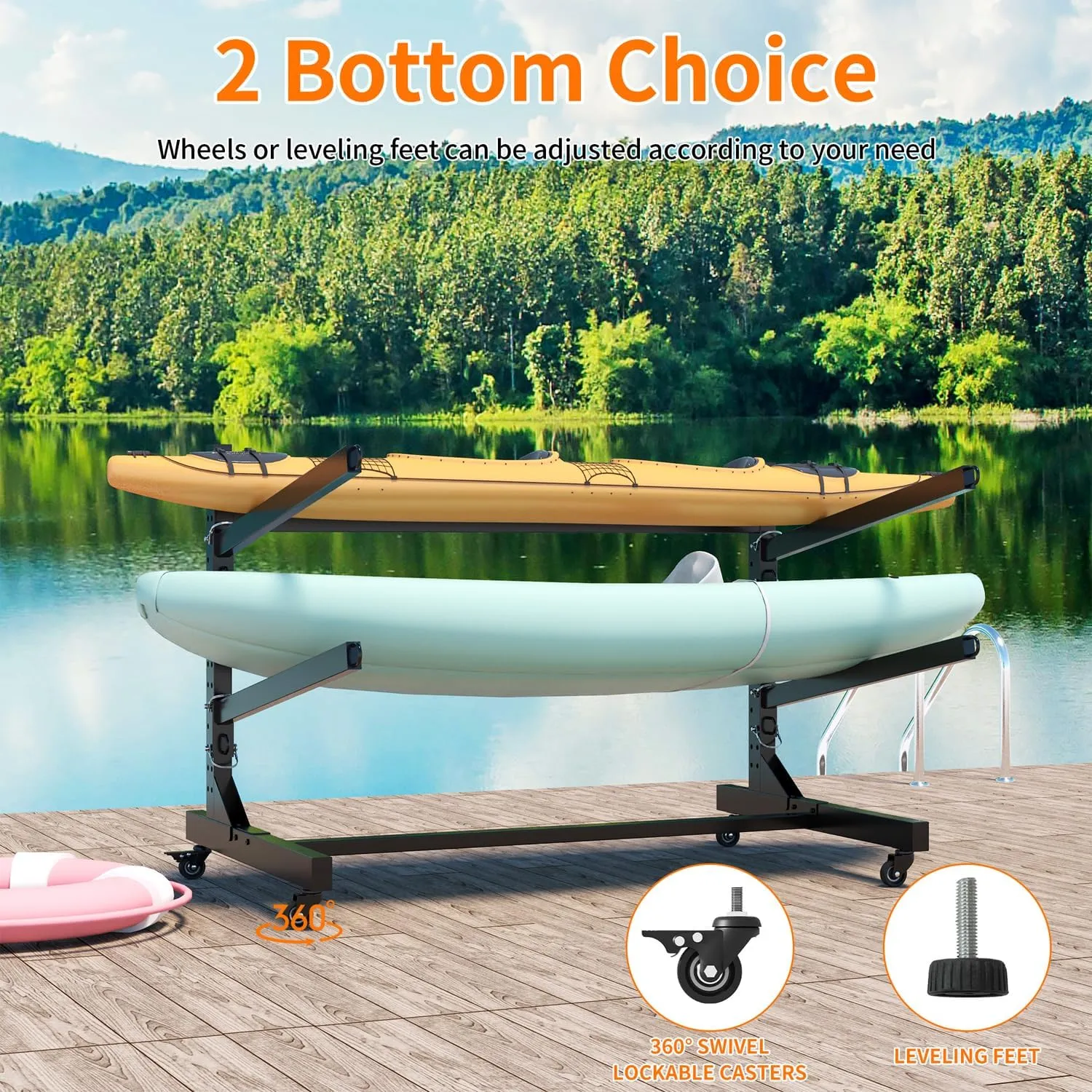 Heavy Duty Freestanding Kayak Storage Rack, Adjustable Metal Stand for Kayaks, Canoes, SUPs & Surfboards with Lockable Wheels, Indoor & Outdoor Use