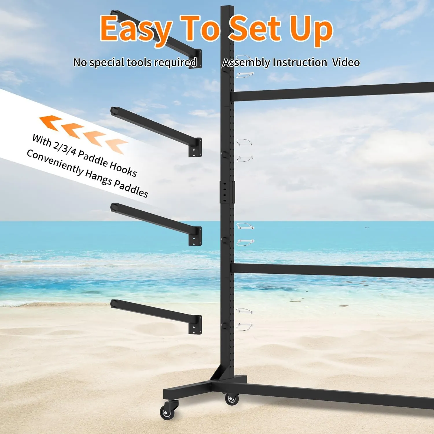 Heavy Duty Freestanding Kayak Storage Rack, Adjustable Metal Stand for Kayaks, Canoes, SUPs & Surfboards with Lockable Wheels, Indoor & Outdoor Use