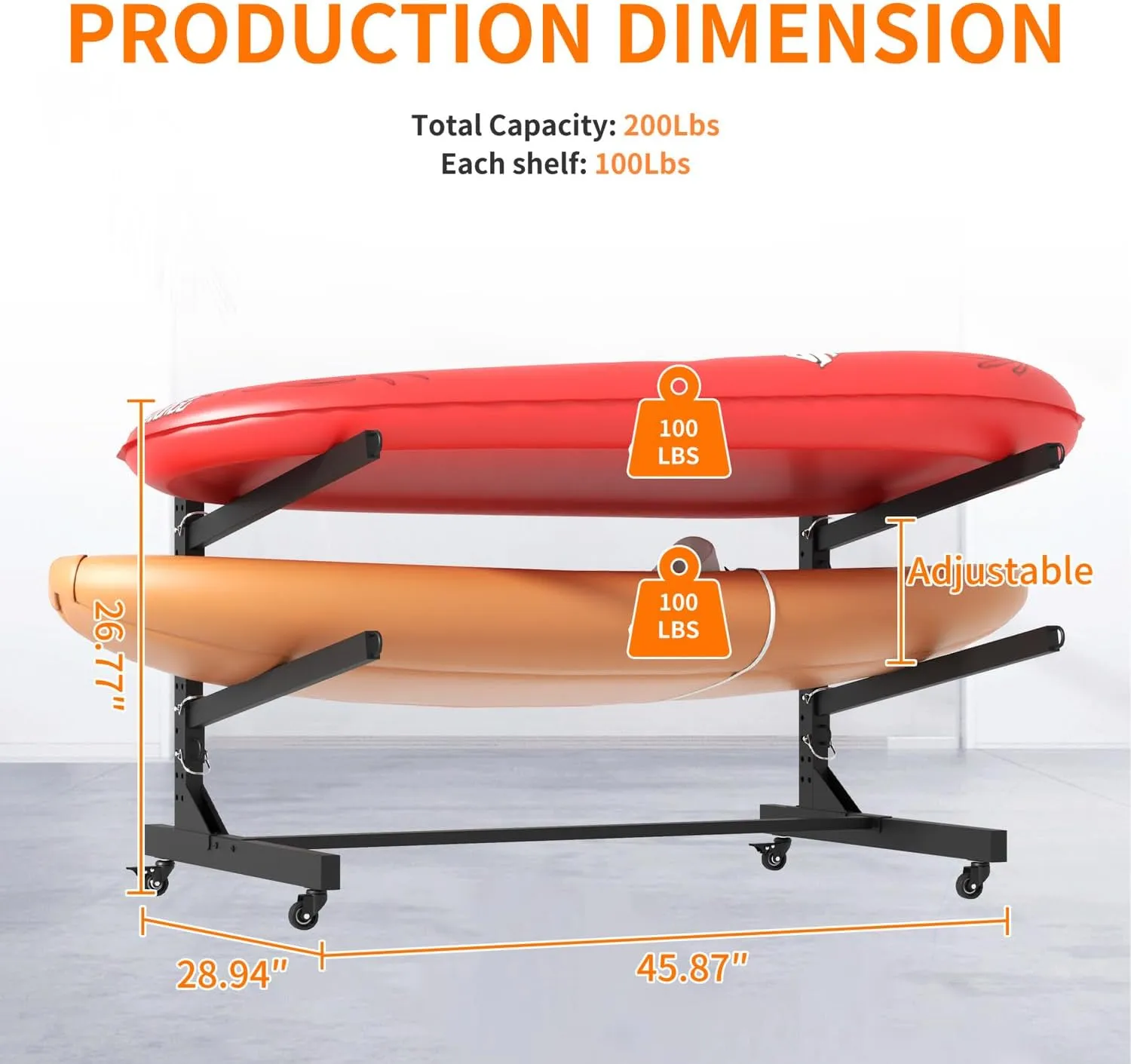 Heavy Duty Freestanding Kayak Storage Rack, Adjustable Metal Stand for Kayaks, Canoes, SUPs & Surfboards with Lockable Wheels, Indoor & Outdoor Use