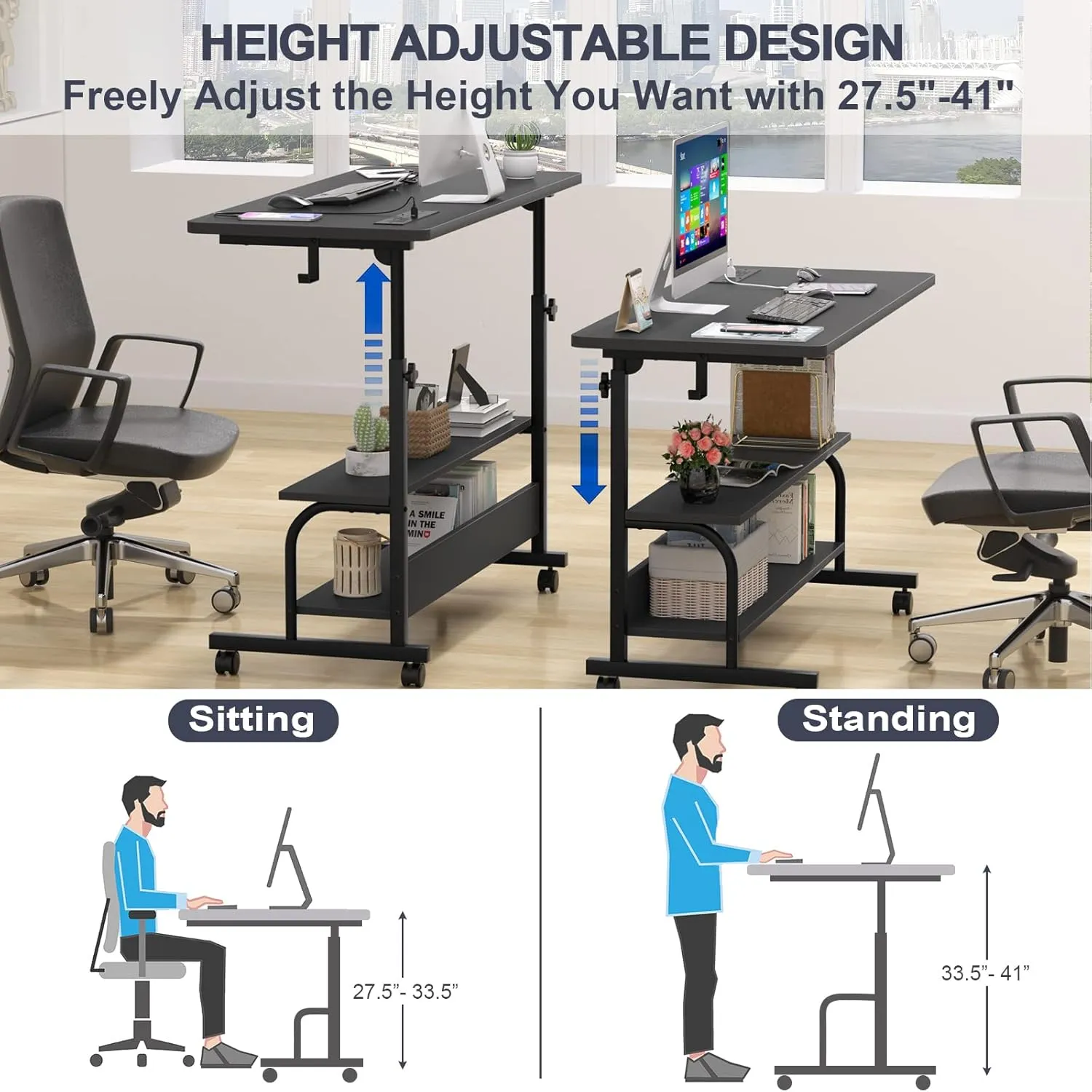 Height Adjustable Standing Desk with Power Outlets, 39" Manual Stand Up Desk with Storage Shelves Small Mobile Rolling Computer Desk Portable Laptop Table with Wheels for Home Office, Black