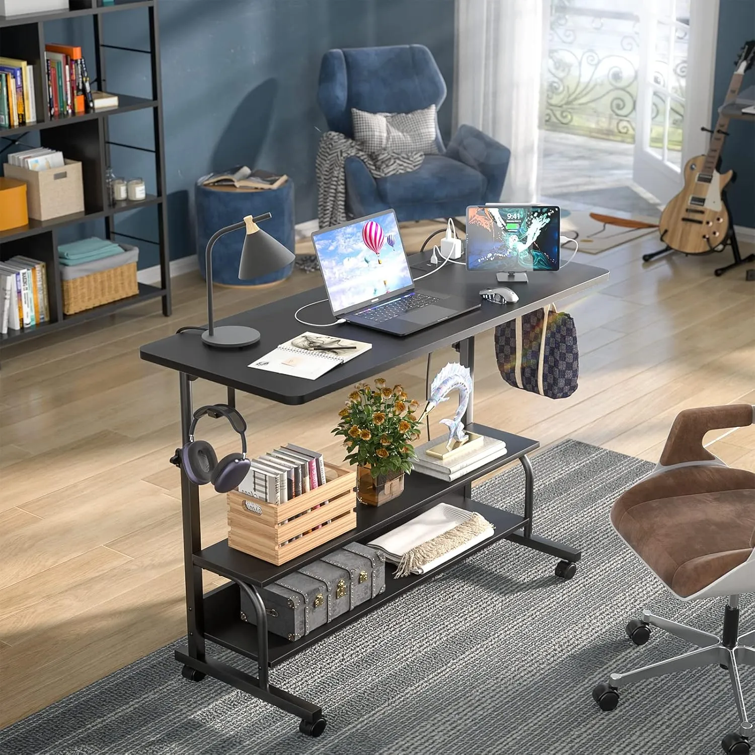 Height Adjustable Standing Desk with Power Outlets, 39" Manual Stand Up Desk with Storage Shelves Small Mobile Rolling Computer Desk Portable Laptop Table with Wheels for Home Office, Black
