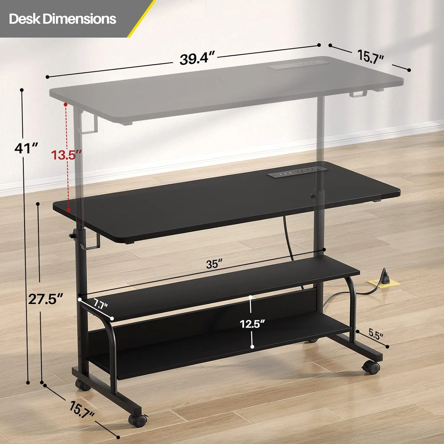 Height Adjustable Standing Desk with Power Outlets, 39" Manual Stand Up Desk with Storage Shelves Small Mobile Rolling Computer Desk Portable Laptop Table with Wheels for Home Office, Black
