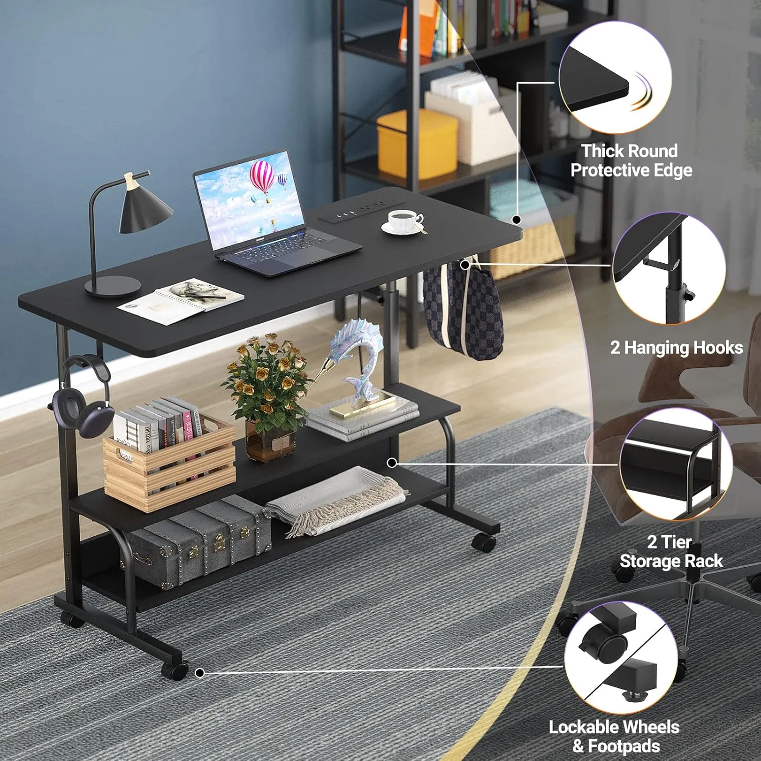 Height Adjustable Standing Desk with Power Outlets, 39" Manual Stand Up Desk with Storage Shelves Small Mobile Rolling Computer Desk Portable Laptop Table with Wheels for Home Office, Black