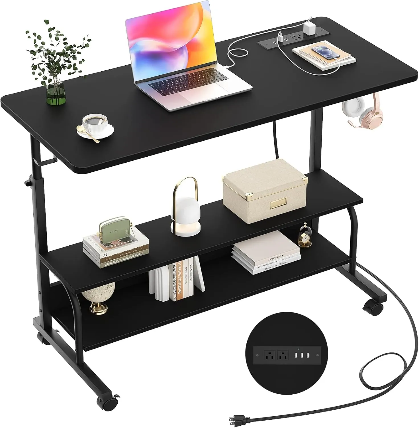 Height Adjustable Standing Desk with Power Outlets, 39" Manual Stand Up Desk with Storage Shelves Small Mobile Rolling Computer Desk Portable Laptop Table with Wheels for Home Office, Black