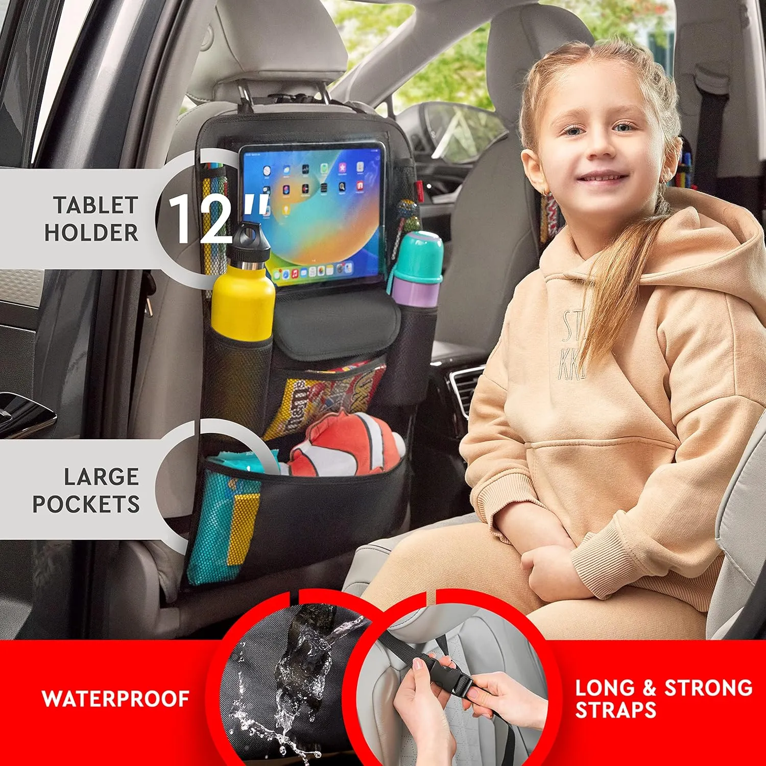 Helteko Car Seat Organizer, Ultra Version Kids Backseat Car Organizers and Storage, Waterproof Back Seat Protector Kick Mats with Tablet Holder 12" Car Accessories Interior, Deep Pink 1 Pack