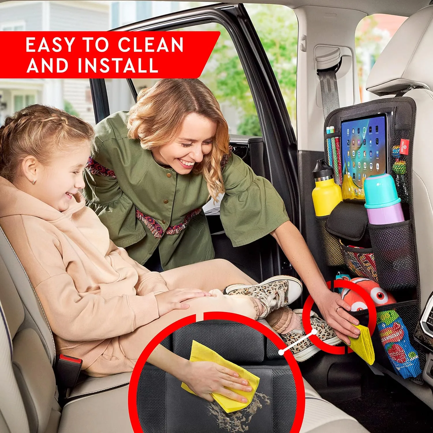 Helteko Car Seat Organizer, Ultra Version Kids Backseat Car Organizers and Storage, Waterproof Back Seat Protector Kick Mats with Tablet Holder 12" Car Accessories Interior, Deep Pink 1 Pack