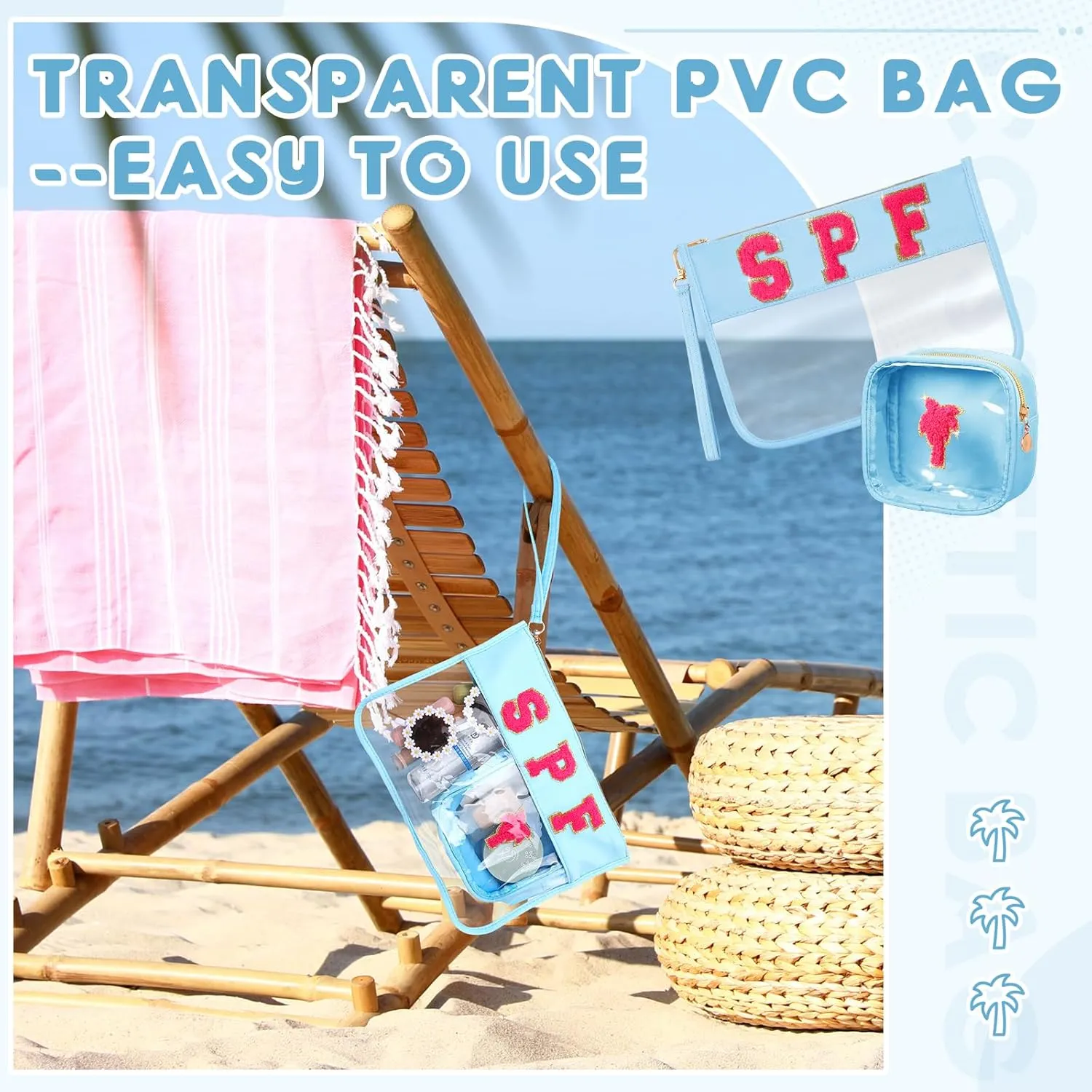 Hillban 2 Pcs Clear SPF Makeup Bag Chenille Letter Patch Sunscreen Bag Preppy Pouch Clear Cosmetic Toiletry Zipper Pouch Summer Beach Pool Sunscreen Purse