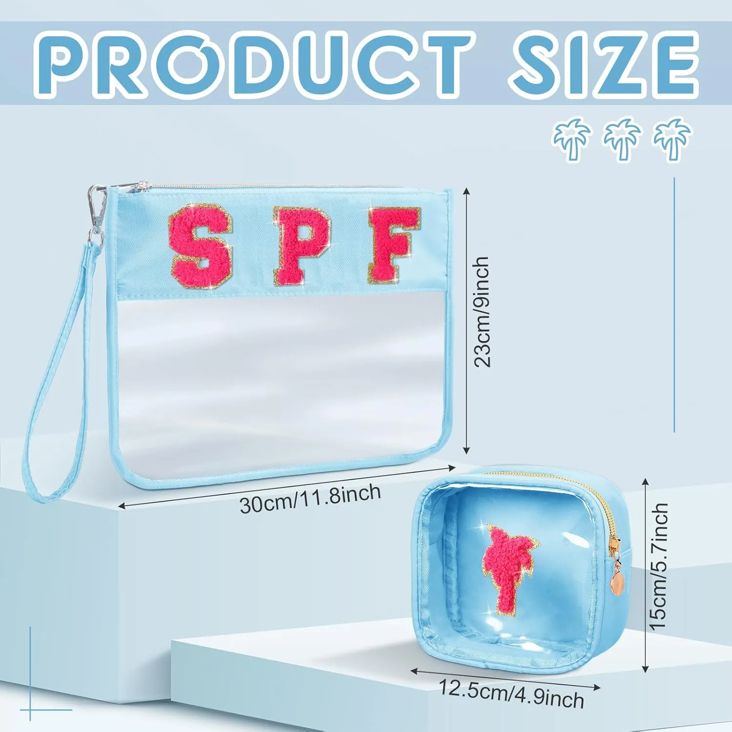 Hillban 2 Pcs Clear SPF Makeup Bag Chenille Letter Patch Sunscreen Bag Preppy Pouch Clear Cosmetic Toiletry Zipper Pouch Summer Beach Pool Sunscreen Purse