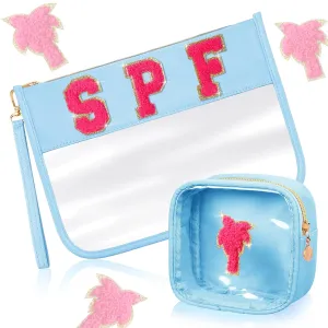 Hillban 2 Pcs Clear SPF Makeup Bag Chenille Letter Patch Sunscreen Bag Preppy Pouch Clear Cosmetic Toiletry Zipper Pouch Summer Beach Pool Sunscreen Purse