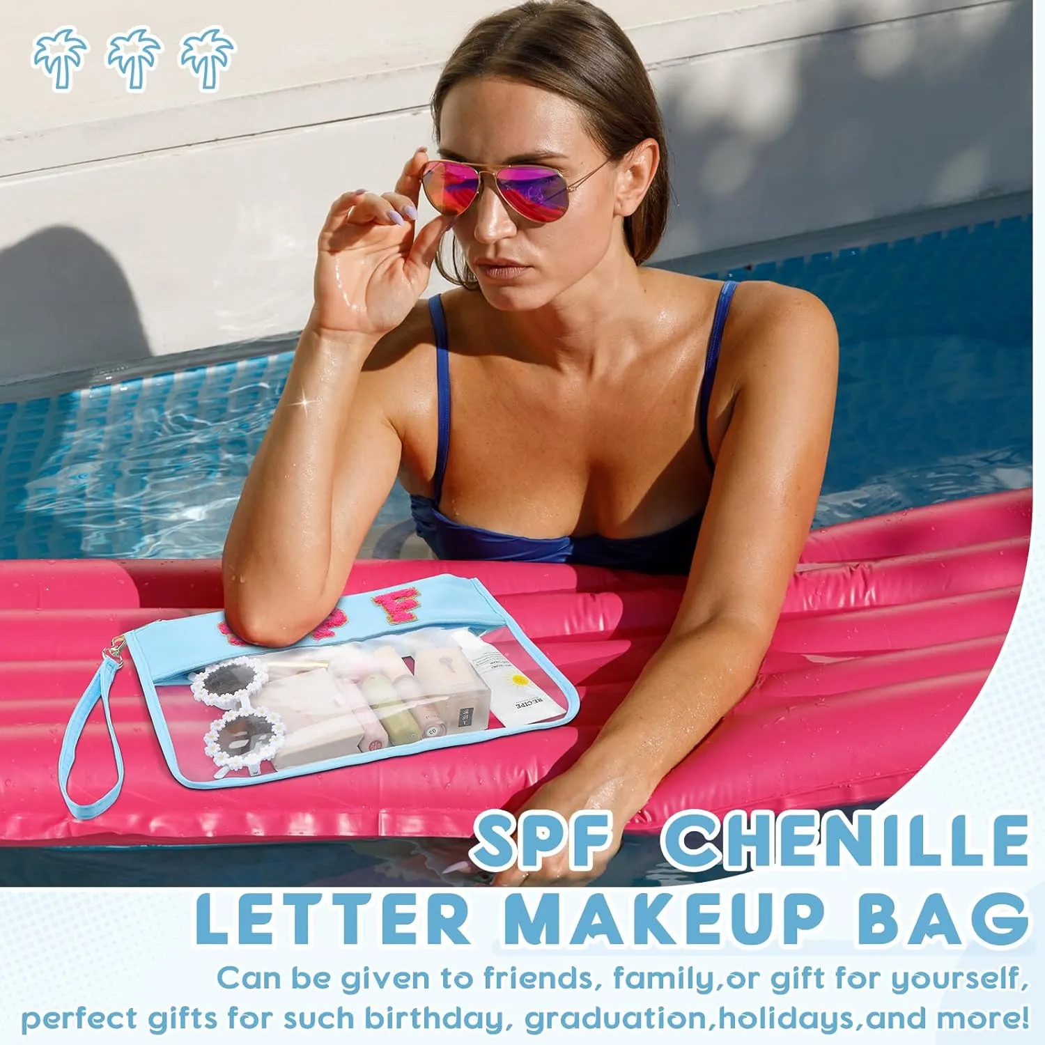 Hillban 2 Pcs Clear SPF Makeup Bag Chenille Letter Patch Sunscreen Bag Preppy Pouch Clear Cosmetic Toiletry Zipper Pouch Summer Beach Pool Sunscreen Purse