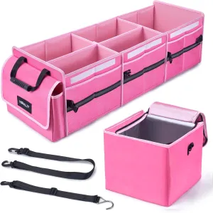 HIRALIY 4 in 1 Car Trunk Storage Organizer, Multi Compartment Collapsible Trunk Storage Box with Leakproof Cooler Bag for Car Truck SUV