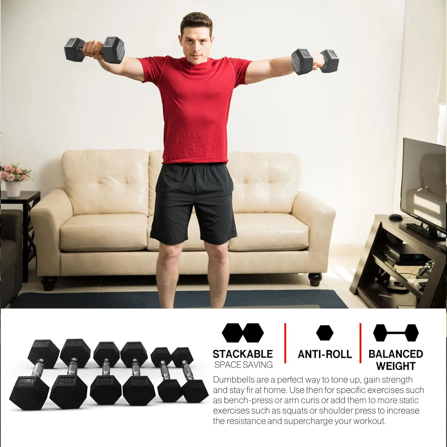 HolaHatha Iron Hexagonal Cast Exercise Dumbbell Free Weight with Contoured Textured Grip for Home Gym Exercise and Strength Training