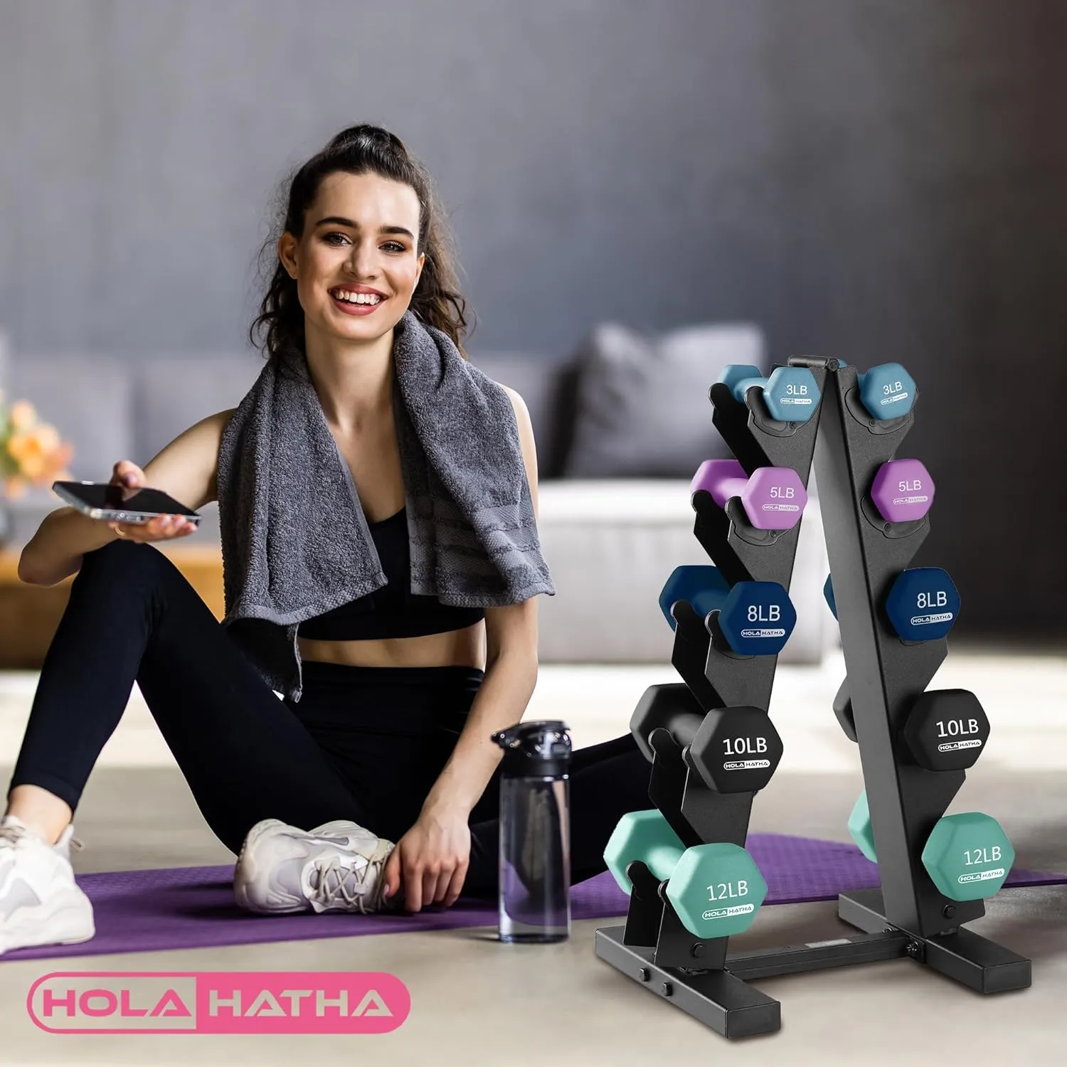 HolaHatha Neoprene Dumbbell Free Hand Weight Set with Rack, Ideal for Home Exercises to Gain Tone and Definition