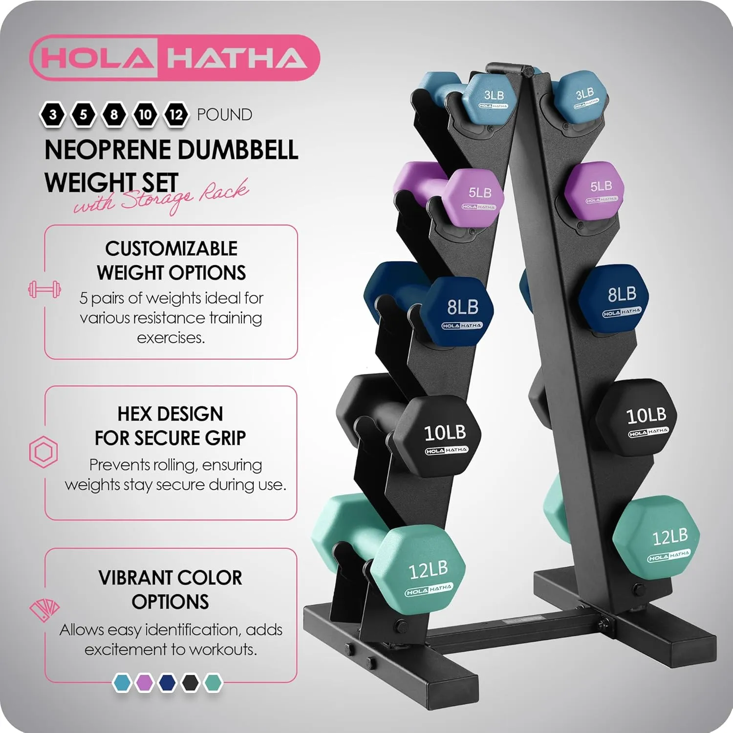 HolaHatha Neoprene Dumbbell Free Hand Weight Set with Rack, Ideal for Home Exercises to Gain Tone and Definition
