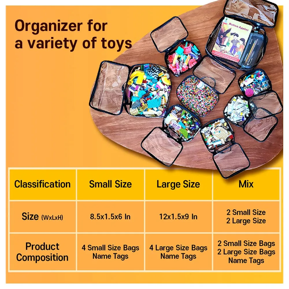 holay 4 Packs PVC Zippered Blocks Set, Toy, Clay, Board game Storage Organizer Case (Name Tag, Manual Pocket) (Black, Small)