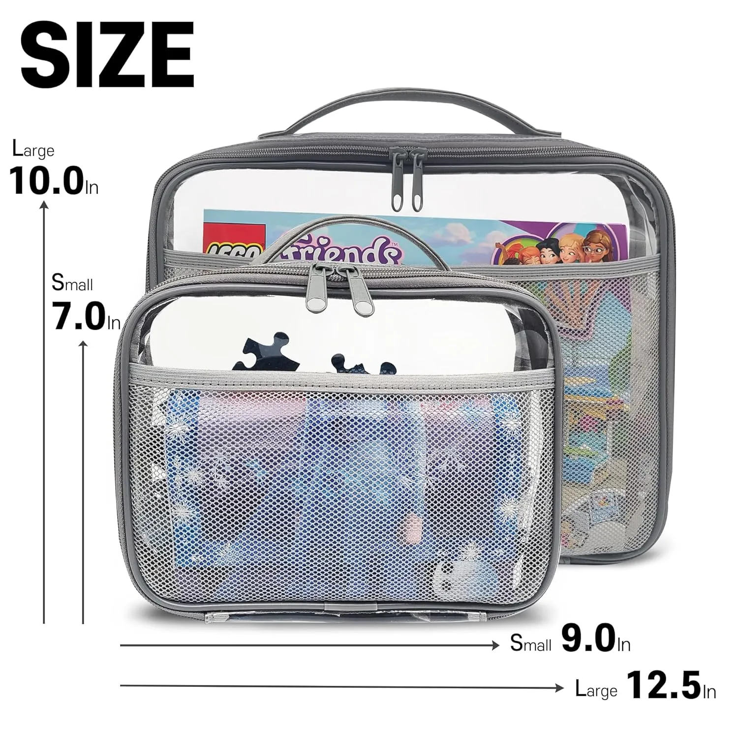 holay 4 Packs PVC Zippered Blocks Set, Toy, Clay, Board game Storage Organizer Case (Name Tag, Manual Pocket) (Gray, Small)