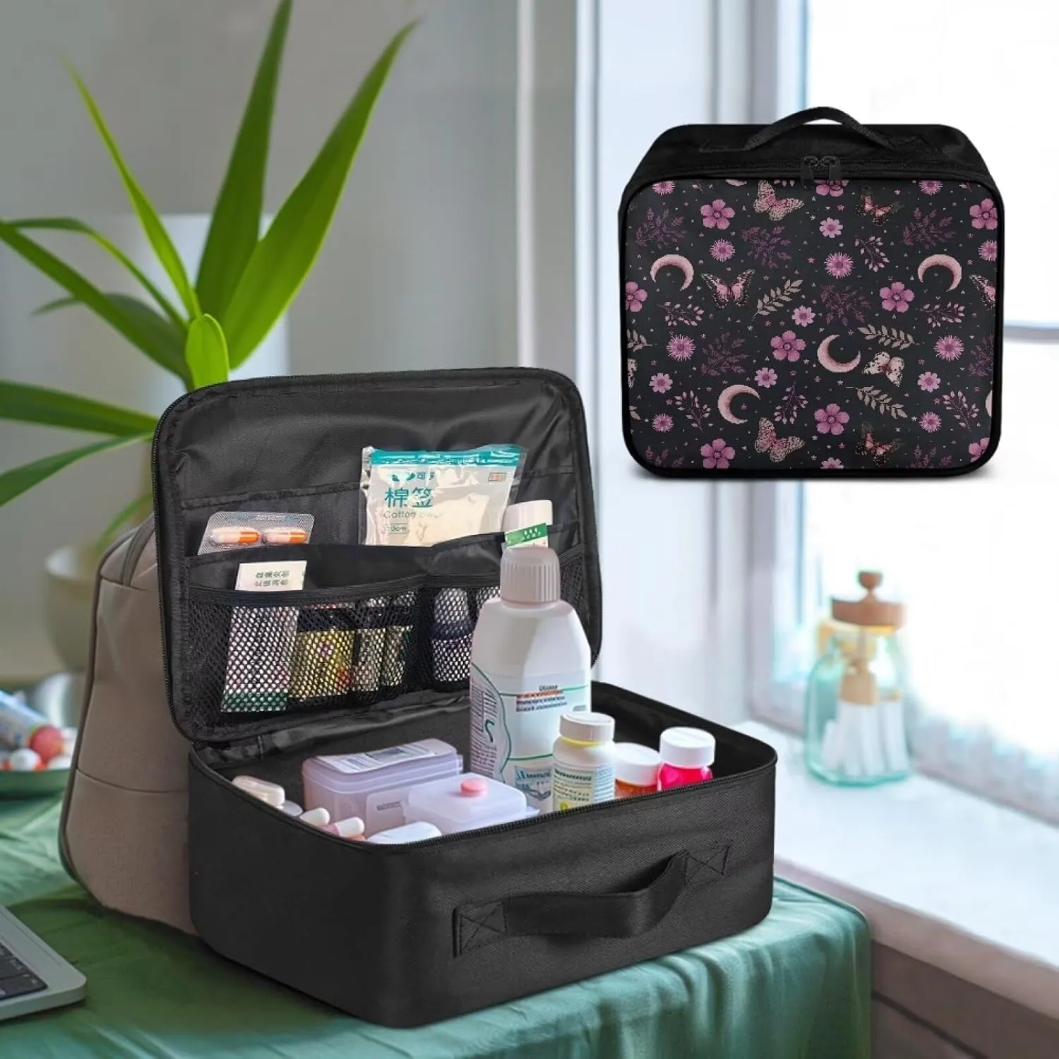 Home First Aid Kit Butterfly Floral Print First Aid Case Empty Medical Bag Medicine Emergency Survival Kit Storage Box with Handles