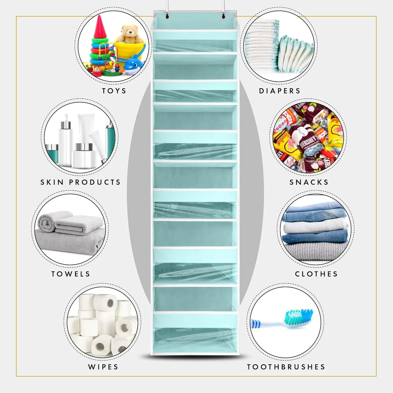 HOMELUX THEORY 2 PC Heavy Duty Over the Door Organizer 55x14x6.7, 6 Large Front & 12 Side Pockets, Hanging Storage Closet Door Organizer for Bedroom, Bathroom and Baby Nursery Storage (Baby Blue)