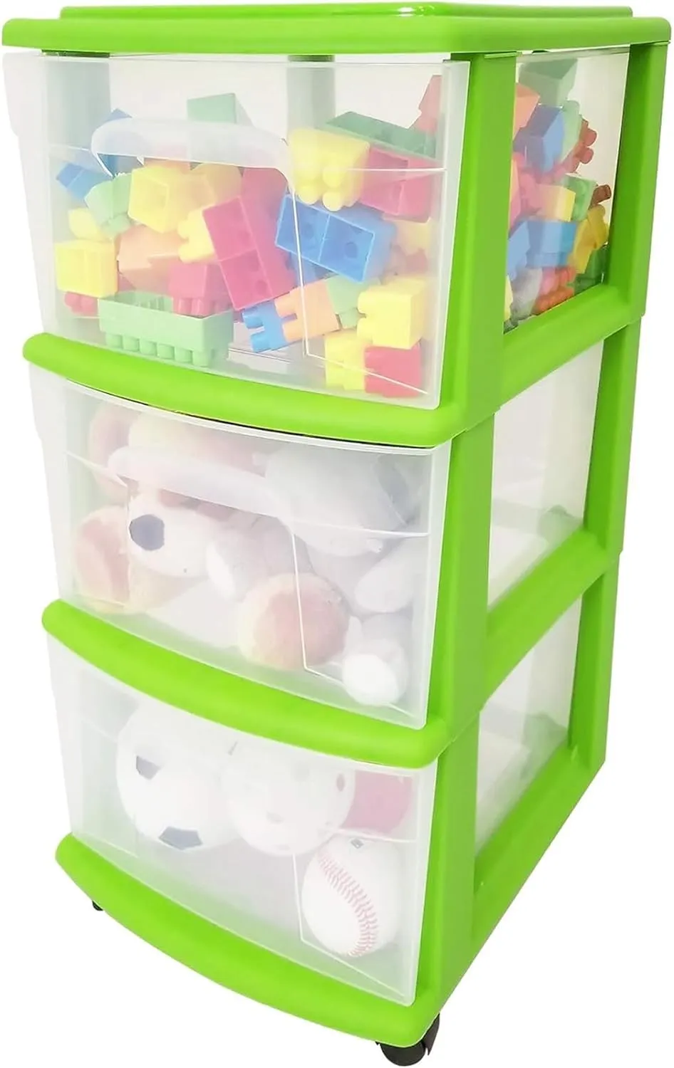 HOMZ Drawer Tower, 3-Tier Clear Plastic Storage Organizer Cart, Bold Lime Frame - Rolling Drawer Containers with Wheels for Bathroom, Bedroom, Office, and Classroom Organization