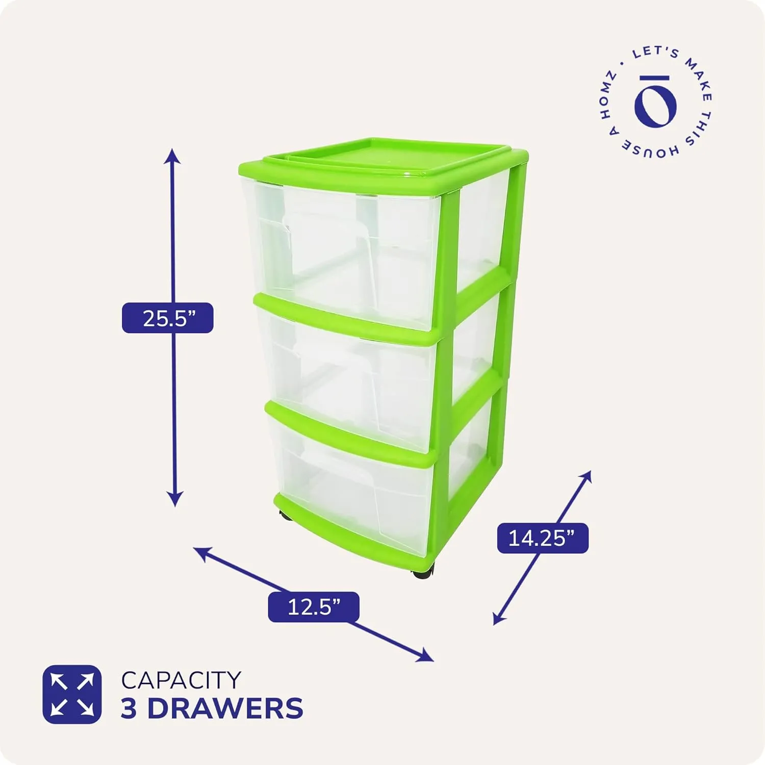 HOMZ Drawer Tower, 3-Tier Clear Plastic Storage Organizer Cart, Bold Lime Frame - Rolling Drawer Containers with Wheels for Bathroom, Bedroom, Office, and Classroom Organization