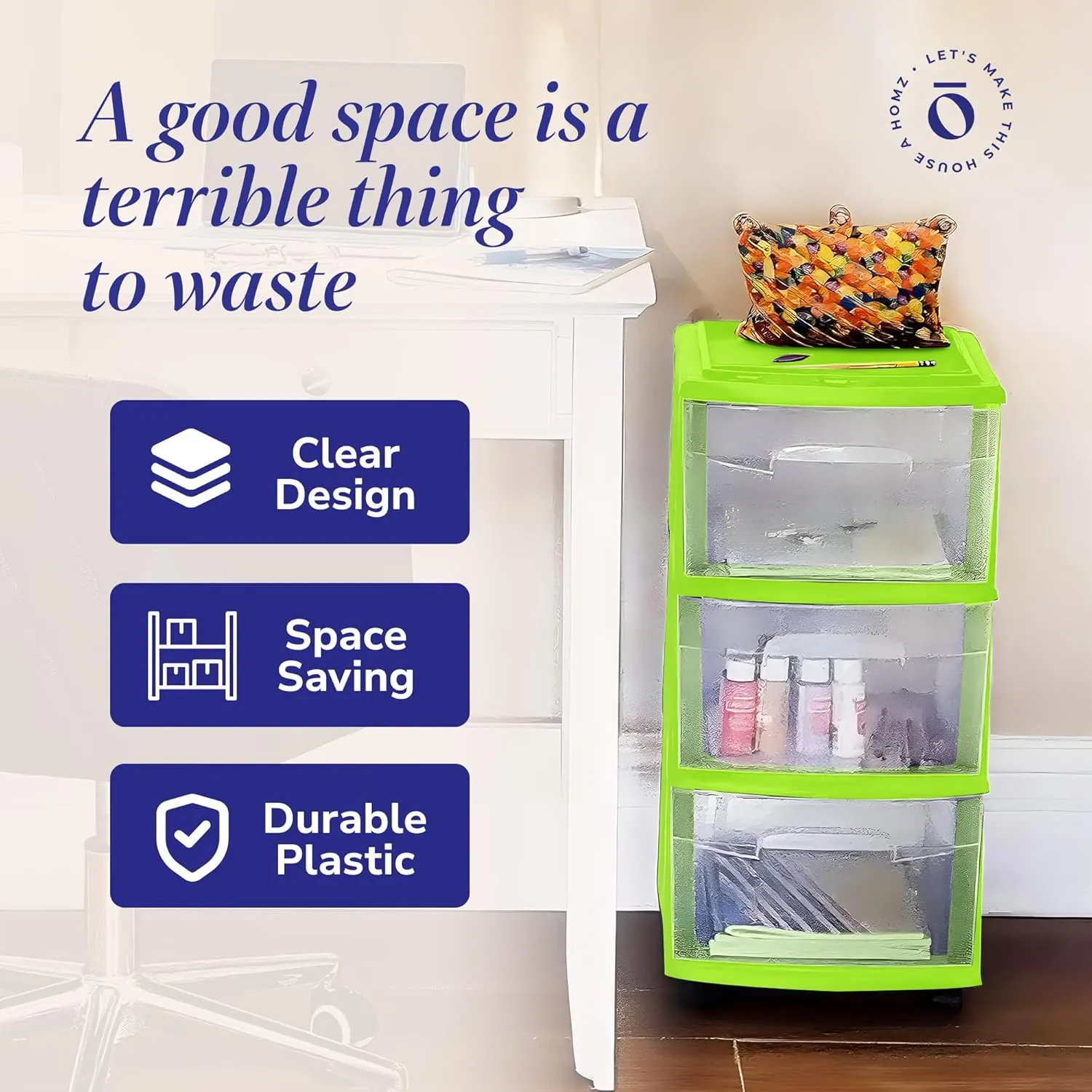 HOMZ Drawer Tower, 3-Tier Clear Plastic Storage Organizer Cart, Bold Lime Frame - Rolling Drawer Containers with Wheels for Bathroom, Bedroom, Office, and Classroom Organization
