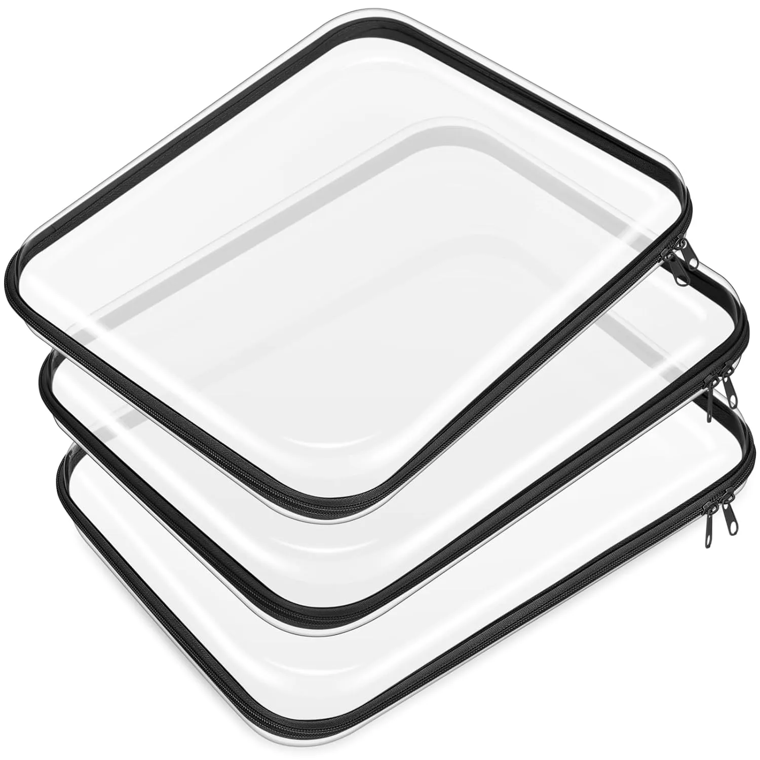 Hoolerry 3 Pcs Clear Hard Zipper Case Plastic Pouch Transparent Hard Case Clear Makeup Bag Portable Travel Organizer Bin for Cosmetics, Building Blocks, Puzzles(Black,L)
